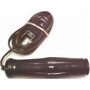 Purple handheld vibrator with a corded controller.