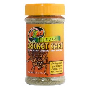 Jar labeled Natural Cricket Care with a yellow lid and orange label featuring a cricket illustration.