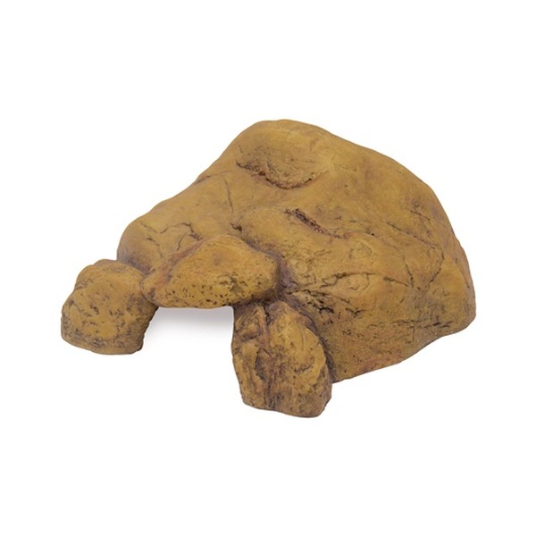 Brown rock formation with a large mound and three smaller stones in front, forming a cave-like shelter.