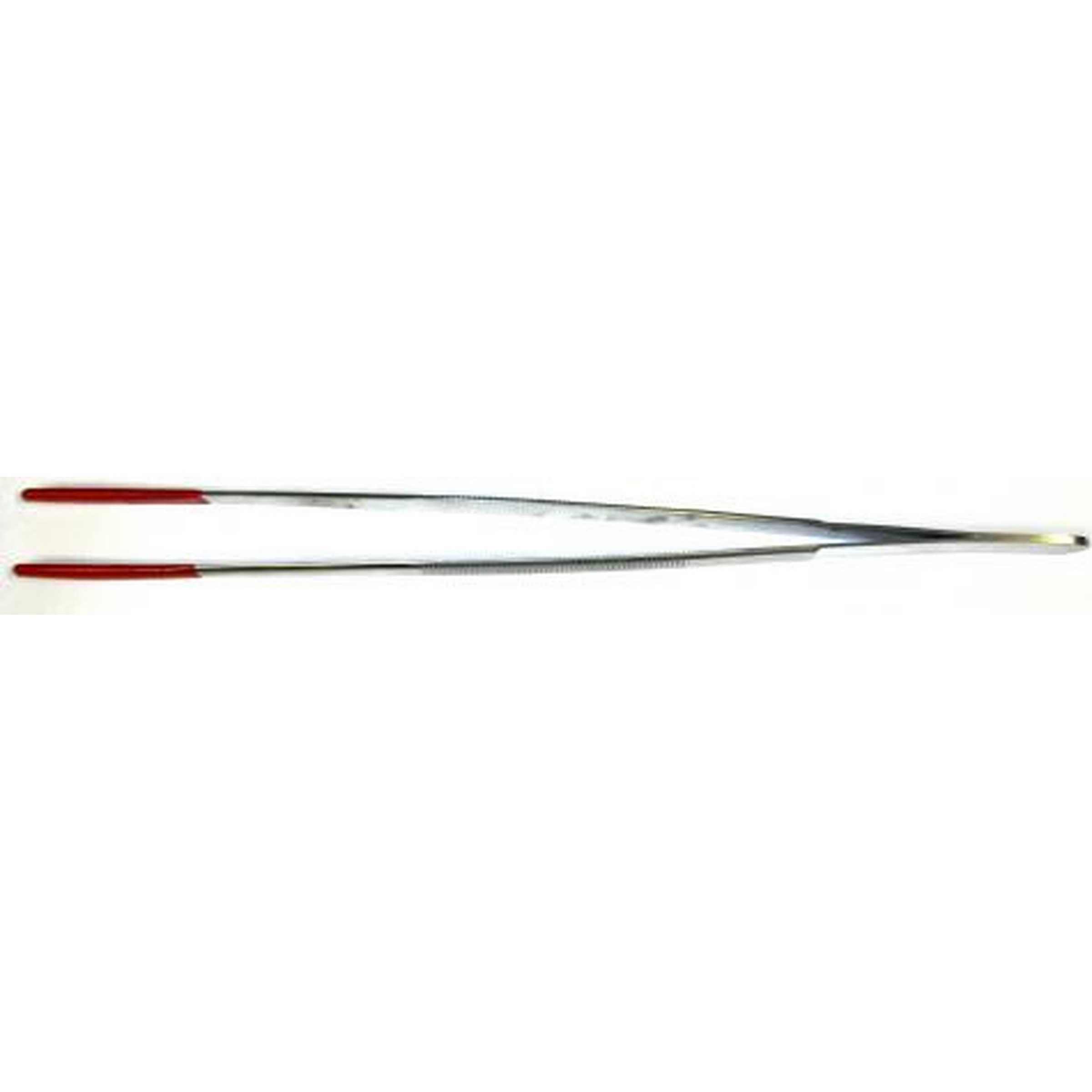 Two long silver knitting needles with red handles placed parallel.