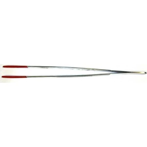 Two long silver knitting needles with red handles placed parallel.