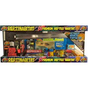 Colorful ReptiHabitat premium reptile habitat kit display with turtle and aquatic accessories.