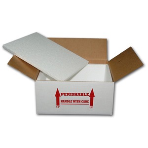 White cardboard shipping box with red 'PERISHABLE' and 'HANDLE WITH CARE' arrows; foam insert and open flaps.