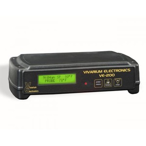Black compact control unit with green LCD displaying temperatures; labeled Vivarium Electronics VE-200.