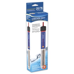 Cascade Heat aquarium heater on blue packaging with two blue thermometers and a 3-year warranty badge.