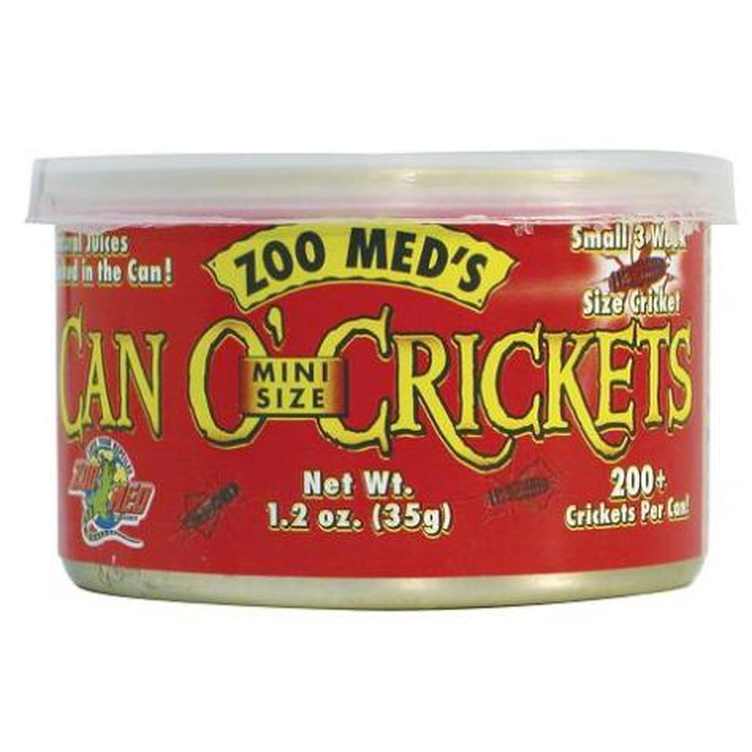 Red can labeled Zoo Med's Can Crickets Mini Size; 200+ crickets per can, net weight 1.2 oz (35 g).
