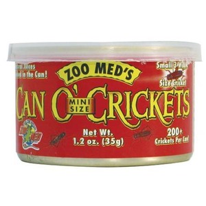 Red can labeled Zoo Med's Can Crickets Mini Size; 200+ crickets per can, net weight 1.2 oz (35 g).