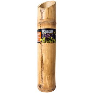 Tall bamboo humidifier tube with a label showing a large purple tarantula on moss and text about humidity.