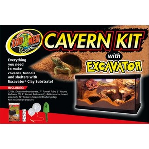 Cavern Kit with Excavator terrarium set; packaging shows a lizard, cave habitat, and habitat accessories.
