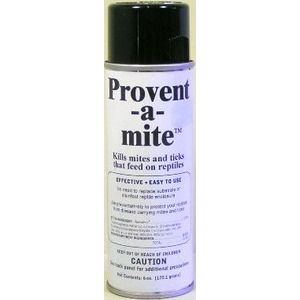 White spray bottle with a black cap labeled Provent-a-mite, a product that kills mites and ticks.