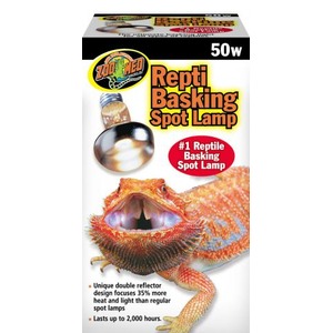 Zoo Med Reptile Basking Spot Lamp packaging featuring a bearded dragon and a 50W label.
