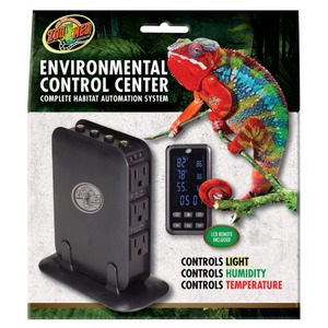 Zoo Med Environmental Control Center with a power unit, LCD remote, and a bright chameleon.