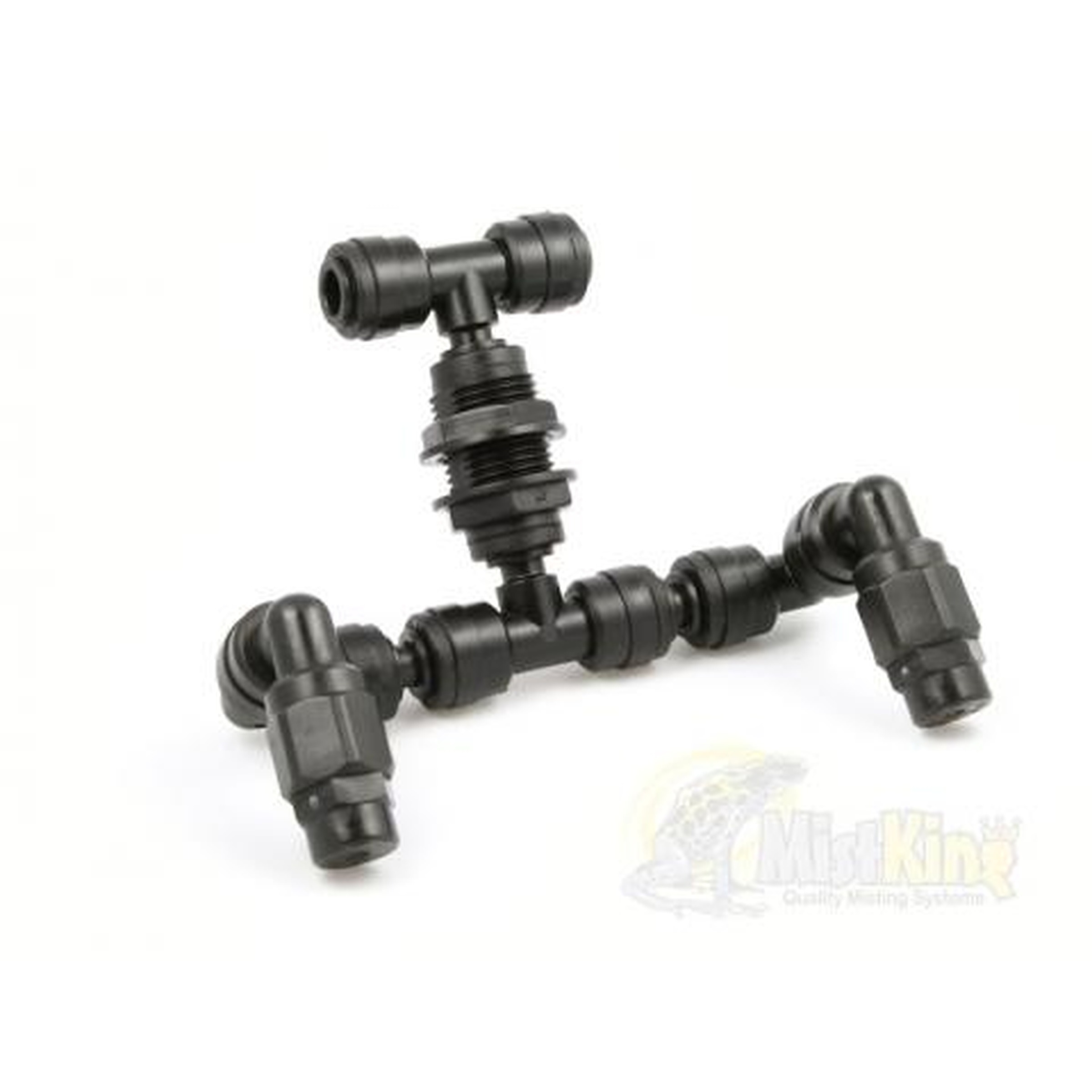 Modular black plastic pipe joint tripod with adjustable elbows and feet.