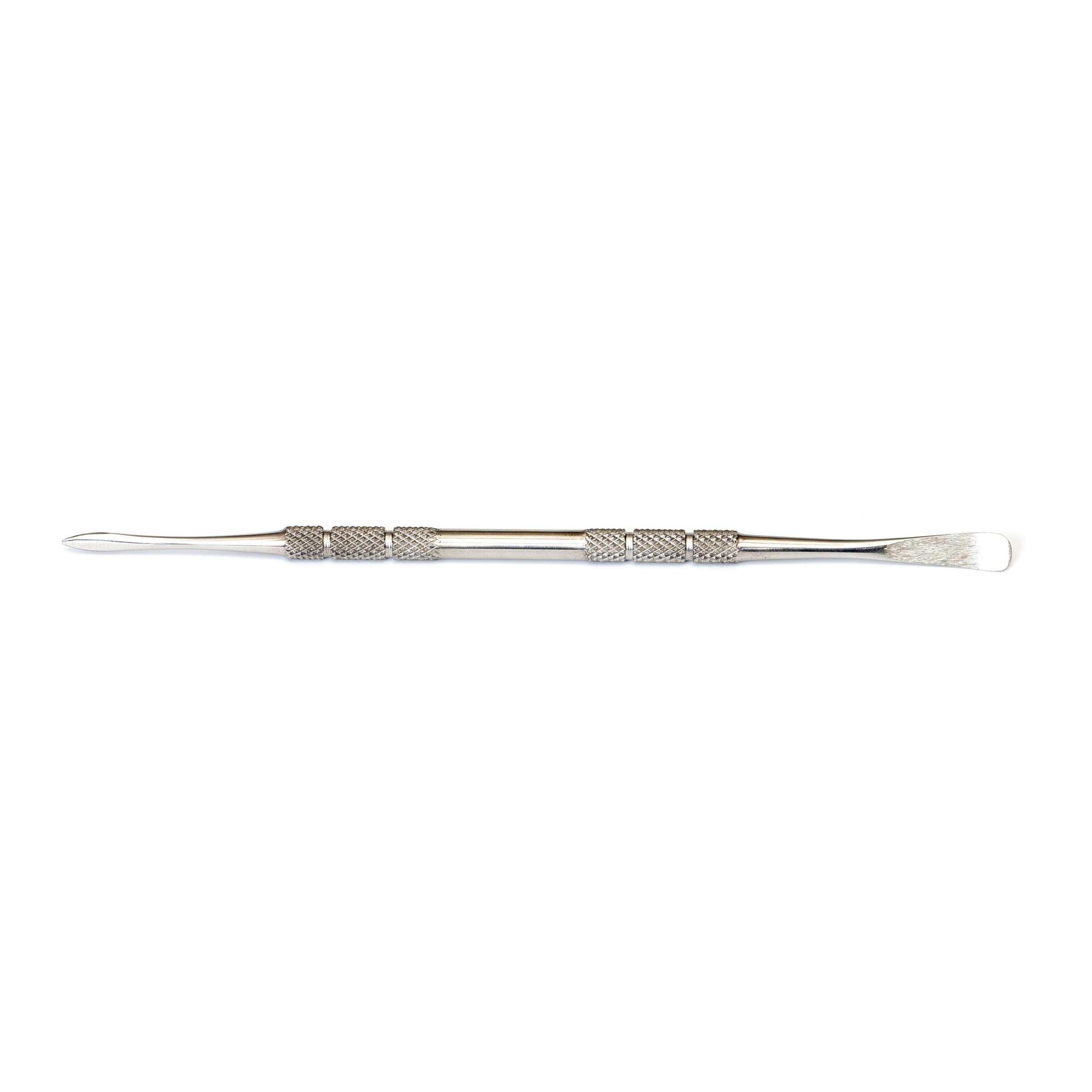 Knurled metal double-ended sculpting tool with a pointed left tip and a flat right spatula.