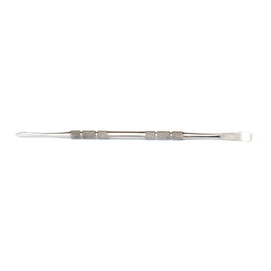Knurled metal double-ended sculpting tool with a pointed left tip and a flat right spatula.
