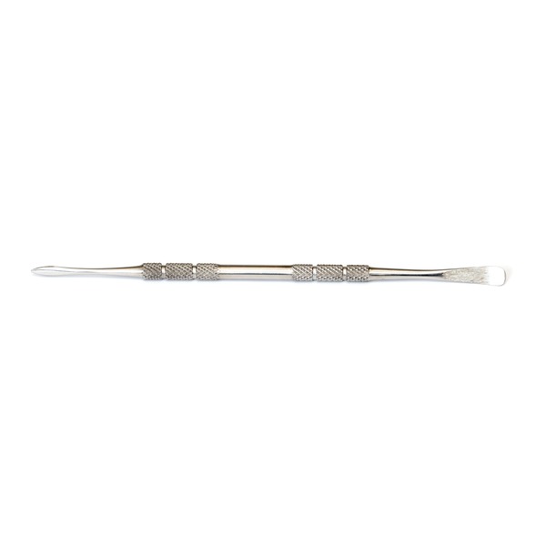 Knurled metal double-ended sculpting tool with a pointed left tip and a flat right spatula.