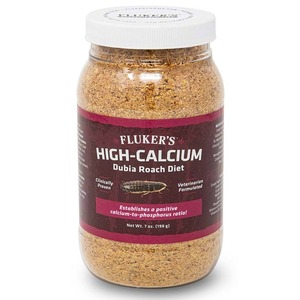 Jar of Fluker's High-Calcium Dubia Roach Diet powder with a white lid and maroon label.