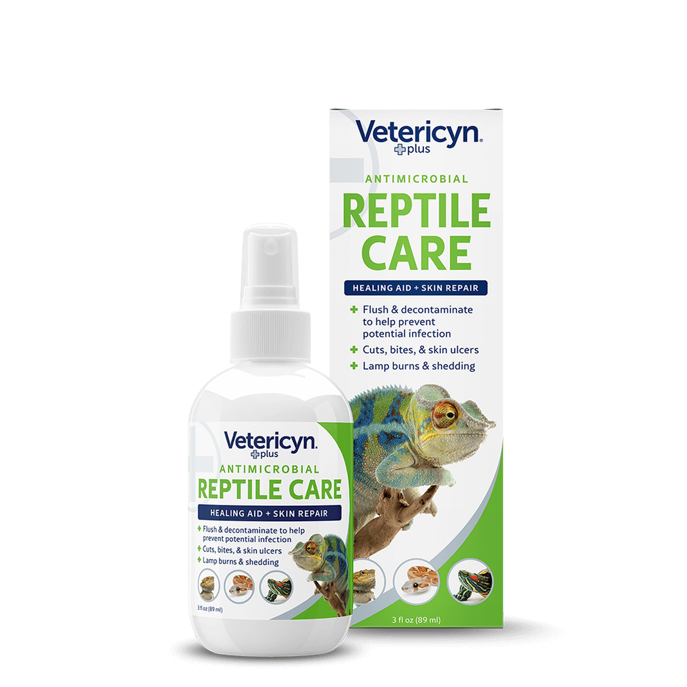 Veterycin Antimicrobial Reptile Care bottle beside its box, featuring a chameleon image.