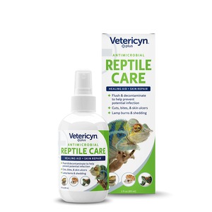 Veterycin Antimicrobial Reptile Care bottle beside its box, featuring a chameleon image.