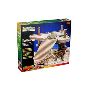 Boxed Turtle-Pier aquarium accessory with a multi-level wooden platform, stairs, and a turtle on the ramp.