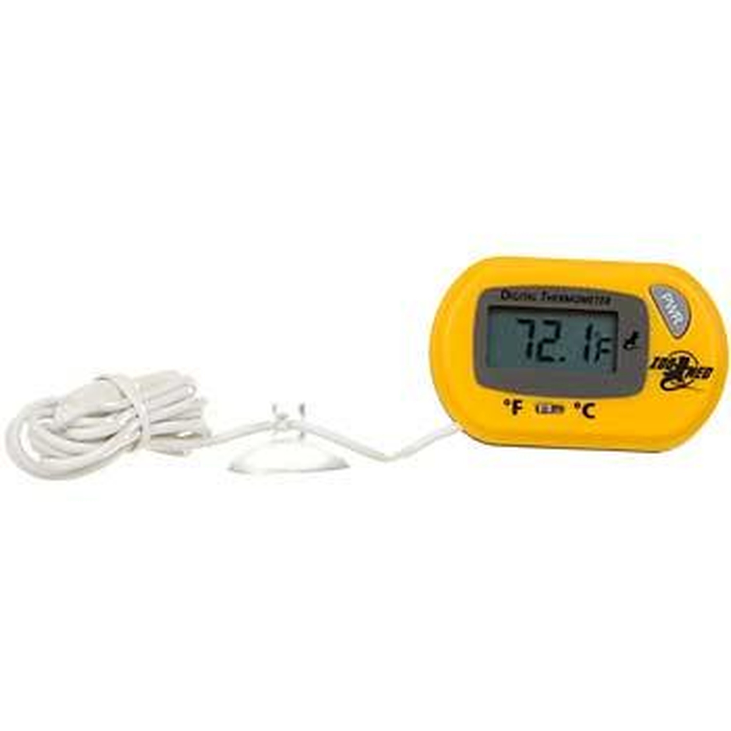 Yellow handheld digital thermometer with a wired probe displaying 72.1°F on its screen.