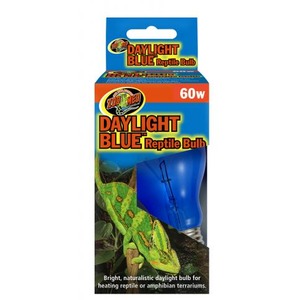 Blue daylight reptile bulb packaging, 60W, showing a green lizard on the front.