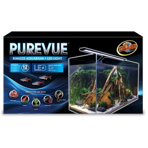 PureVUE rimless aquarium with LED light packaging; glass tank filled with plants and driftwood.