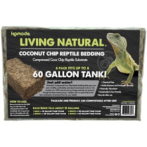 Komodo Living Natural Coconut Chip Reptile Bedding packaging featuring a green lizard and a brown substrate brick.