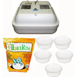 Egg incubator with HatchRite kit and five clear plastic cups.