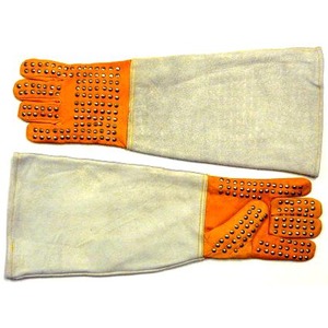 Pair of long light gray gloves with orange studded palms and fingertips.