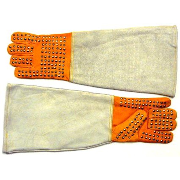 Pair of long light gray gloves with orange studded palms and fingertips.