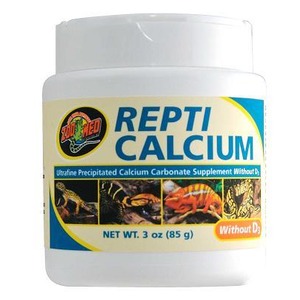 White container labeled Repti Calcium supplement for reptiles, with logo and photos of reptiles on the label.
