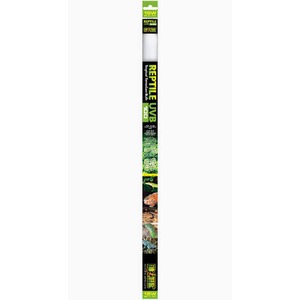 Vertical packaging for a Reptile UVB lamp, featuring bold yellow-green branding and reptile imagery.