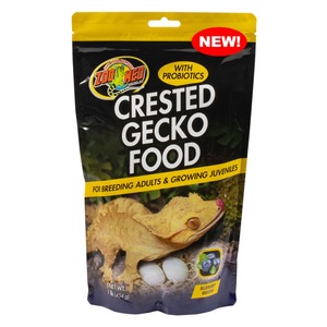 Crested Gecko Food bag by Zoo Med with probiotics; for breeding adults and growing juveniles, featuring a gecko and eggs.