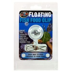 Floating Fish Food Clip packaging with blue label, metal clip mechanism, used to feed various cichlids, catfish, and marine fish.