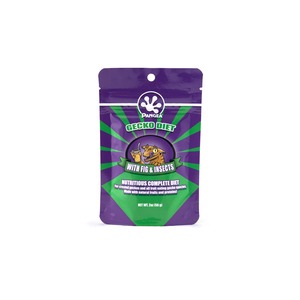 Purple pouch labeled Pangea Gecko Diet with Fig & Insects, a nutritious gecko food mix.