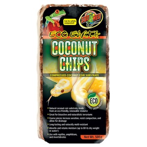 Bag of Eco Earth Coconut Chips reptile substrate with a green frog logo, large coconut chip artwork, and Eco brand seal.