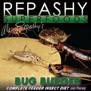 Repashy Superfoods Bug Burger label with feeder insects on a yellow surface