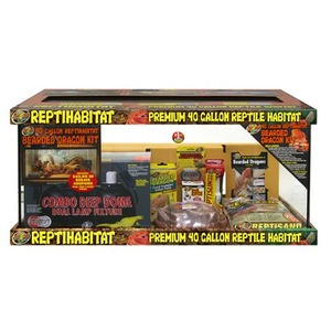 Boxed Repti Habitat 40-gallon reptile habitat kit with bearded dragon gear and dual lamp fixture.