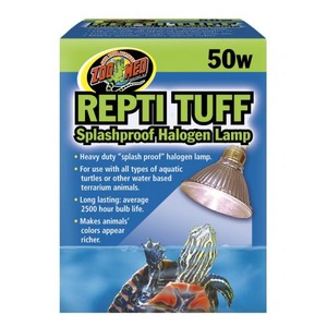 Repti Tuff 50W splashproof halogen lamp for aquatic terrarium; turtles pictured.