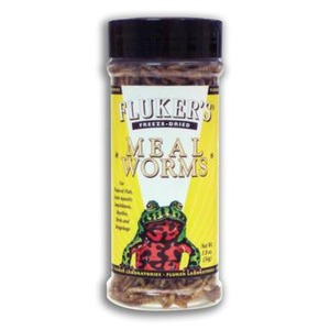Jar of Fluker’s freeze-dried mealworms with a yellow label and black cap.