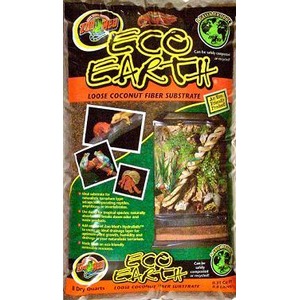 Eco Earth loose coconut fiber substrate packaging with bright yellow logo, green panels, and photos of reptiles and terrariums.