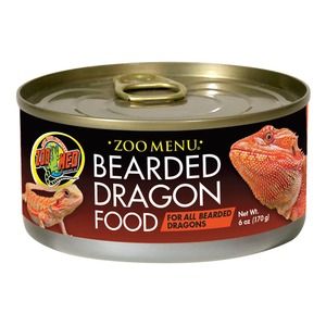 Can of Zoo Med Bearded Dragon Food with two bearded dragons and bold white text on a black label.