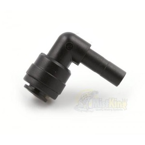 Black L-shaped plastic elbow connector with a threaded base and angled nozzle.