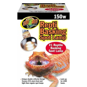Zoo Med Repti-Basking Spot Lamp 150W packaging with an orange lizard and lamp illustration.