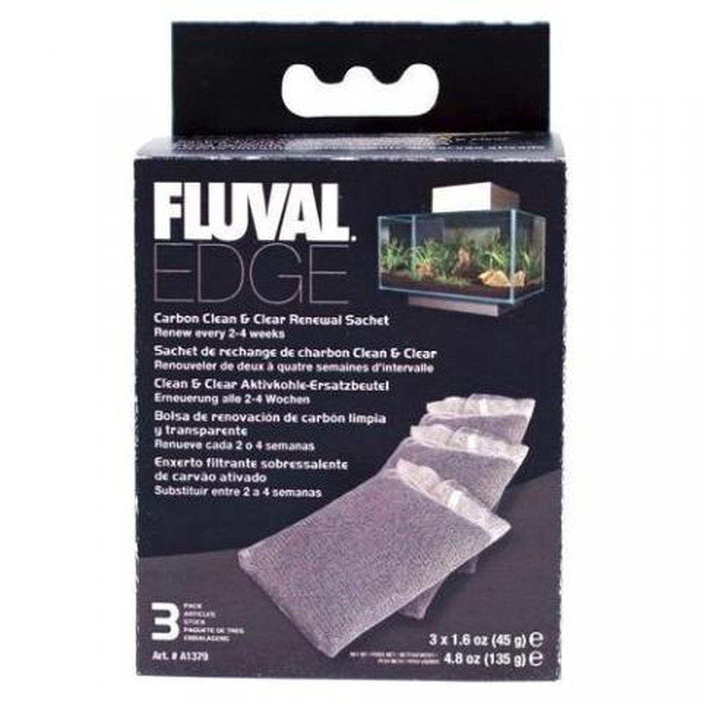 Fluval Edge product box with image of a small aquarium and three replacement filter media sachets.