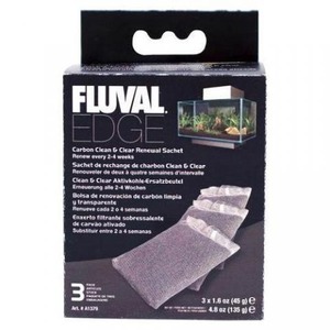 Fluval Edge product box with image of a small aquarium and three replacement filter media sachets.