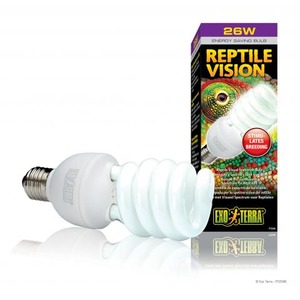 White spiral energy-saving bulb beside a Reptile Vision box featuring a reptile image.