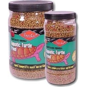 Two jars of aquatic turtle food pellets with pink labels and purple lids