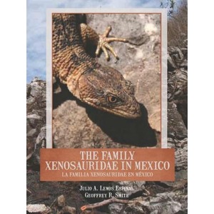 Close-up of a lizard on a rock, framed by a book cover reading “The Family Xenosauridae in Mexico.”
